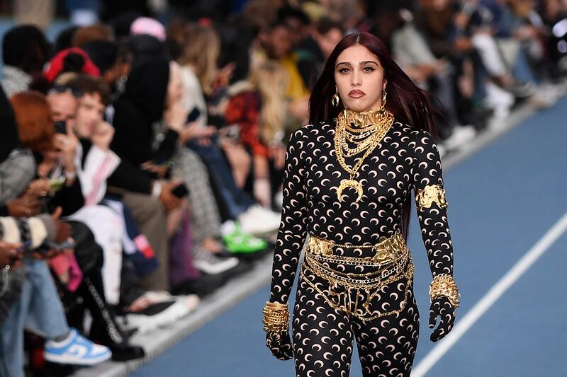 US singer-model Lourdes Leon, Madonna's daughter, presents a creation by Marine Serre during the menswear ready-to-wear spring/summer 2023 Fashion Week in Paris on June 25, 2022. AFP