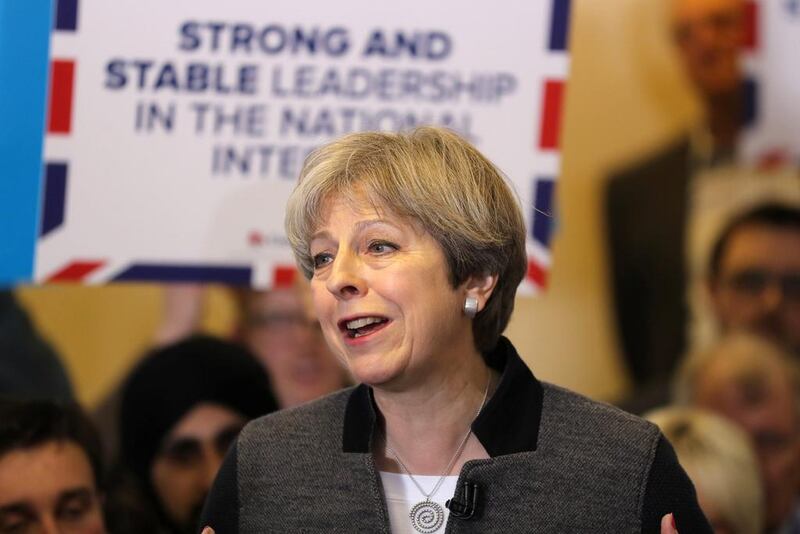 Britain's prime minster Theresa May delivers a stump speech at Netherton Conservative Club during the Conservative Party's election campaign in Dudley. Chris Radburn / Reuters