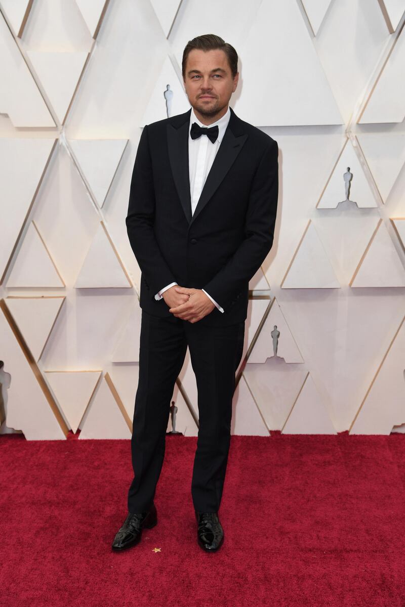 Leonardo DiCaprio, wearing Armani, arrives at the Oscars on Sunday, February 9, 2020, at the Dolby Theatre in Los Angeles. AP