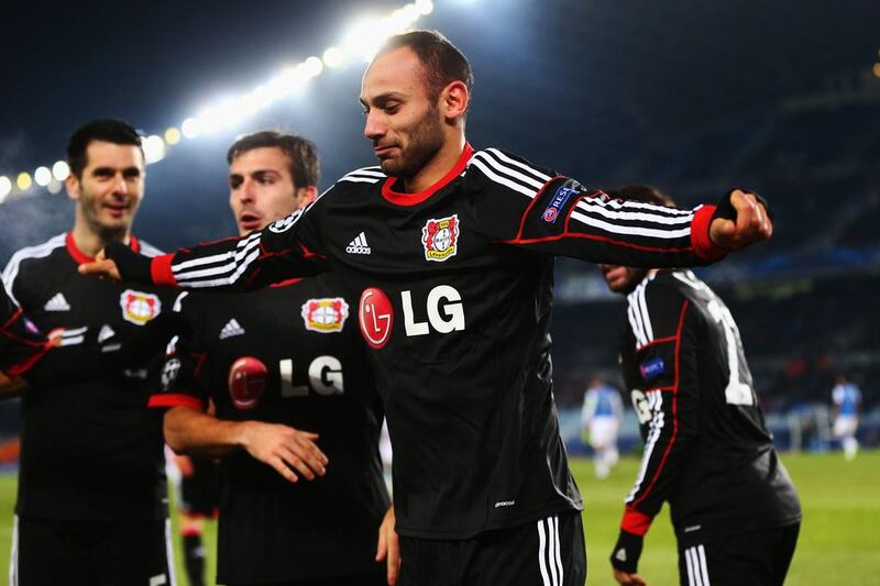 Oemer Toprak celebrates his goal in Bayer Leverkusen's 1-0 win at Real Sociedad in a Uefa Champions League match on Tuesday. Alex Grimm / Getty Images