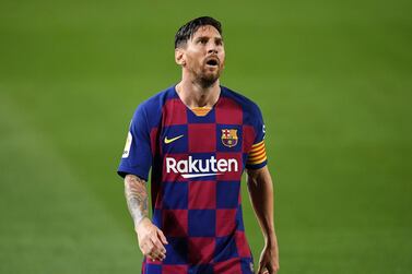 BARCELONA, SPAIN - JULY 16: Lionel Messi of FC Barcelona shows his disappointment during the Liga match between FC Barcelona and CA Osasuna at Camp Nou on July 16, 2020 in Barcelona, Spain. (Photo by David Ramos/Getty Images)