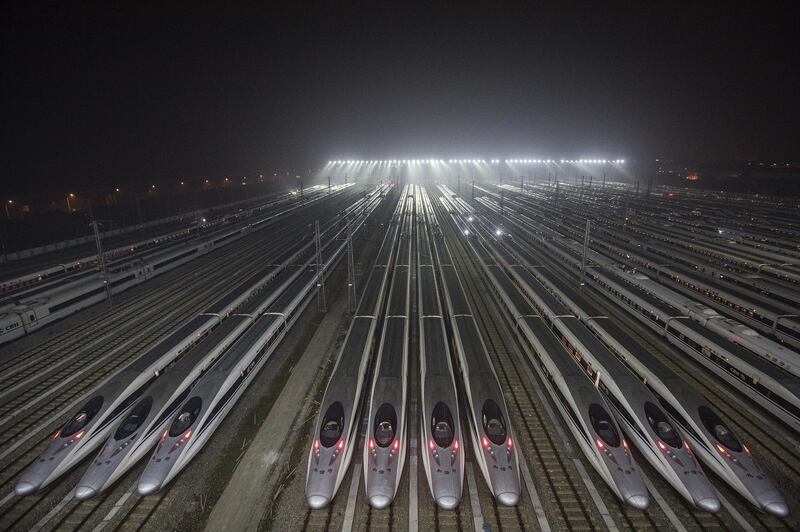 Hundreds of high-speed trains at a maintenance base wait to set out in Wuhan, Hubei province, China. Getty Images
