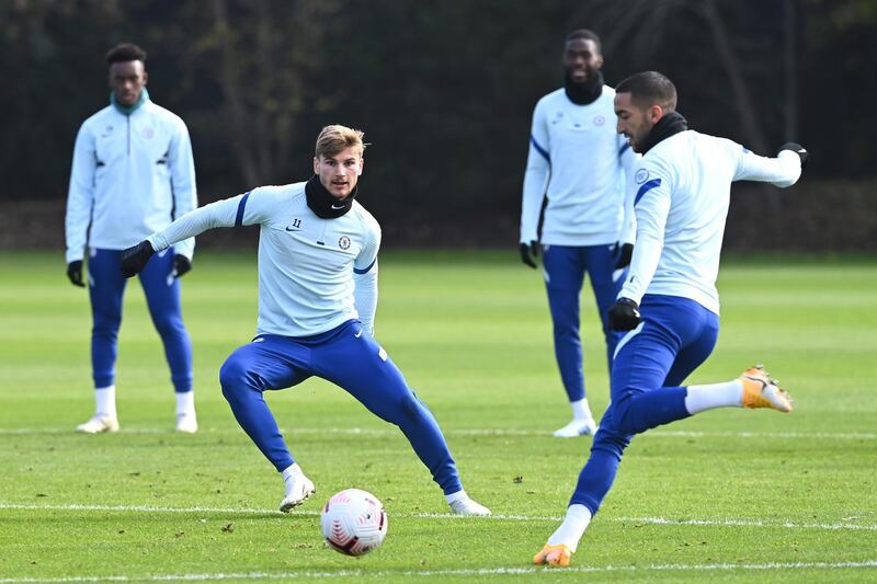COBHAM, ENGLAND - OCTOBER 16:  Timo Werner and Hakim Ziyech of Chelsea during a training session at Chelsea Training Ground on October 16, 2020 in Cobham, England. (Photo by Darren Walsh/Chelsea FC via Getty Images)