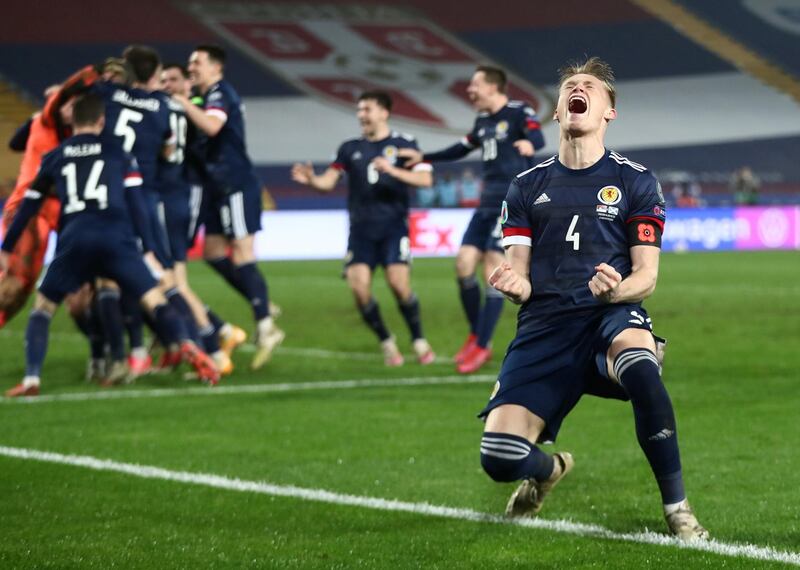 Scott McTominay leads the celebrations. Reuters