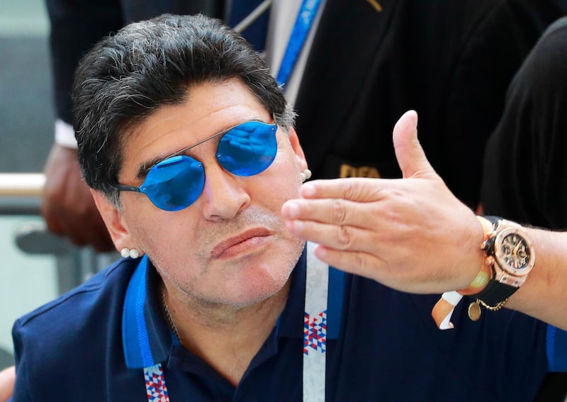 epa06852651 Argentinian soccer legend Diego Maradona gestures after the FIFA World Cup 2018 round of 16 soccer match between France and Argentina in Kazan, Russia, 30 June 2018. France won 4-3.

(RESTRICTIONS APPLY: Editorial Use Only, not used in association with any commercial entity - Images must not be used in any form of alert service or push service of any kind including via mobile alert services, downloads to mobile devices or MMS messaging - Images must appear as still images and must not emulate match action video footage - No alteration is made to, and no text or image is superimposed over, any published image which: (a) intentionally obscures or removes a sponsor identification image; or (b) adds or overlays the commercial identification of any third party which is not officially associated with the FIFA World Cup)  EPA/ROBERT GHEMENT   EDITORIAL USE ONLY