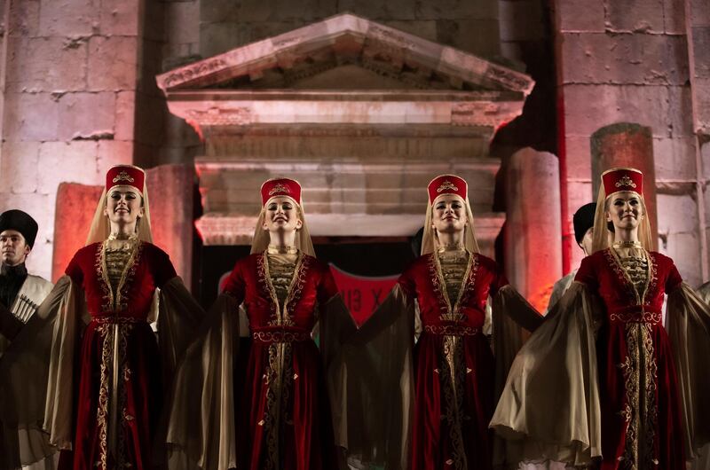 eCircassian dancers from Al-Jeel Al-Jadeed Club (the New Generation Club) perform during the 2019 Jerash Festival of Culture and Arts at the Jerash archeological site, Jerash, some 46 km North of Amman, Jordan.  EPA