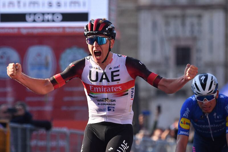 Team UAE Emirates rider Tadej Pogacar celebrates after winning the Giro di Lombardia on Sunday, October 9. AFP