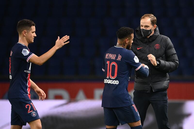 Paris Saint-Germain coach Thomas Tuchel congratulates Neymar and midfielder Ander Herrera. AFP