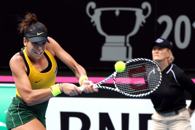 Ajla Tomljanovic of Australia hits a return against Pauline Parmentier of France in the fourth rubber of the Fed Cup final tennis competition between Australia and France in Perth on November 10, 2019. (Photo by Tony Ashby / AFP) / / IMAGE RESTRICTED TO EDITORIAL USE - STRICTLY NO COMMERCIAL USE