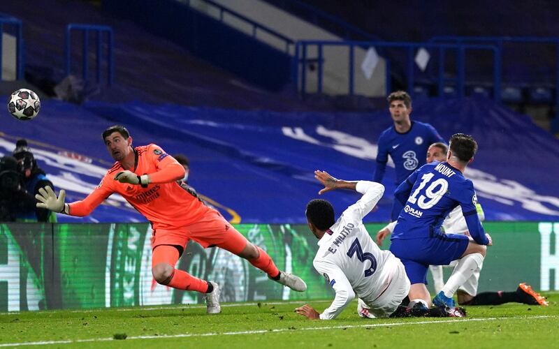Chelsea's Mason Mount scores their side's second goal of the game during the Champions League semifinal second leg soccer match against Real Madrid at Stamford Bridge, London, Wednesday May 5, 2021. (Adam Davy/PA via AP)