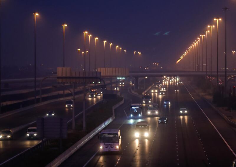 Abu Dhabi, United Arab Emirates, September 21, 2020.  Hazy and foggy morning along the E10 Highway, Khalifa City, Abu Dhabi.
Victor Besa/The National
Section:  Standalone/Weather