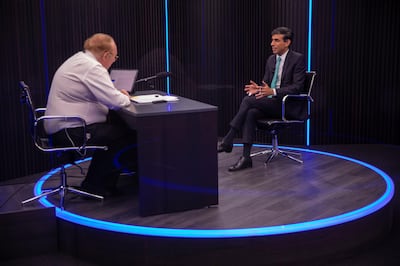 The Chancellor Rishi Sunak is interviewed by Andrew Neil on new TV news channel GB News. HM Treasury 
