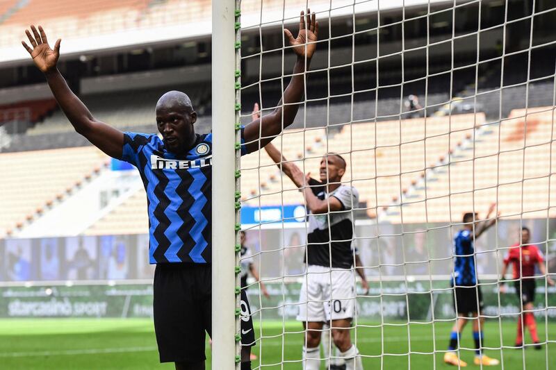 Inter forward Romelu Lukaku celebrates after scoring the fifth goal against Udinese