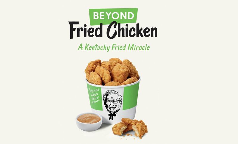 This undated product image provided by KFC shows plant-based chicken. Kentucky Fried Chicken plans to test plant-based chicken nuggets and boneless wings on Tuesday, Aug. 27, 2019, at one of its restaurants in Atlanta. (KFC via AP)