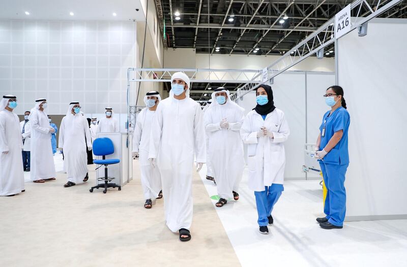 Sheikh Hamdan bin Mohammed visits the field hospital at Dubai World Trade Centre shortly before it opened on April 18. Wam