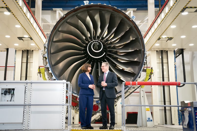Keir Starmer and shadow chancellor Rachel Reeves during a visit to Rolls Royce’s educational training complex in Derby. PA