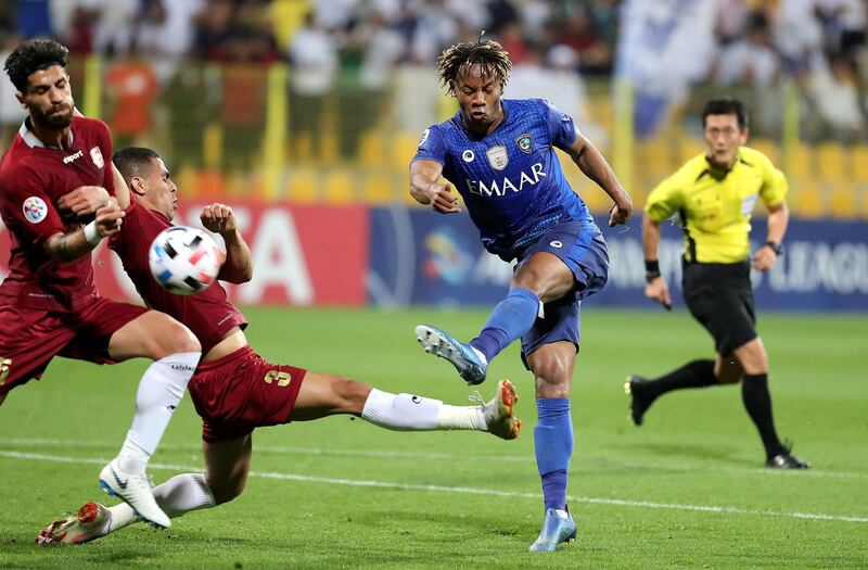 DUBAI, UNITED ARAB EMIRATES , Feb 10  – 2020 :- Carrillo Díaz (no 19 blue) of Al Hilal club in action during the Asian Champions League football match between Al Hilal v Shahr Khodro held at Zabeel Stadium in Dubai. He scored the first goal against Shahr Khodro in this match.  (Pawan  Singh / The National) For Sports. Story by John