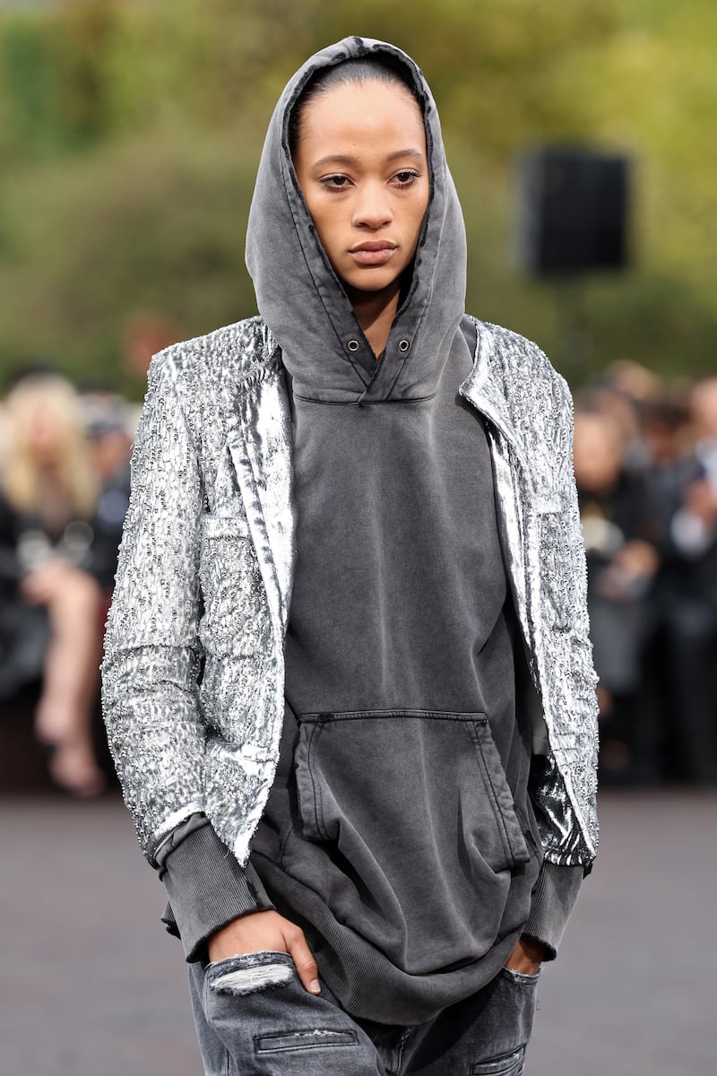 A textured jacket worn over a sweatshirt at the Givenchy spring/summer 2023 show. Getty 