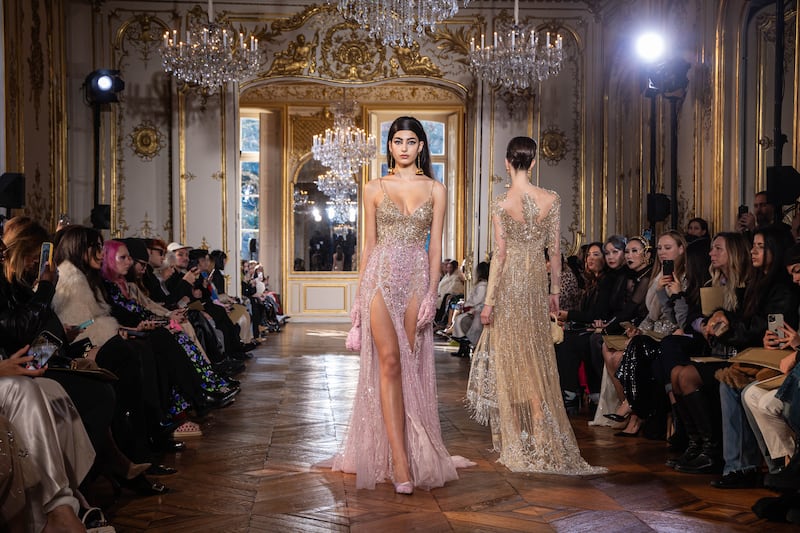 Gossamer beaded gowns by Georges Hobeika for spring 2024 at Paris haute couture week. EPA 