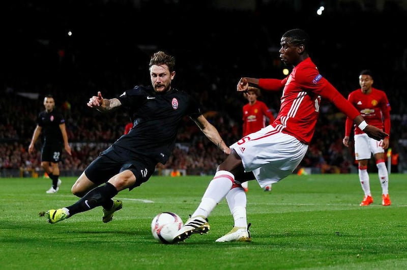 Manchester United’s Paul Pogba has a shot at goal against Zorya Luhansk. Reuters / Jason Cairnduff