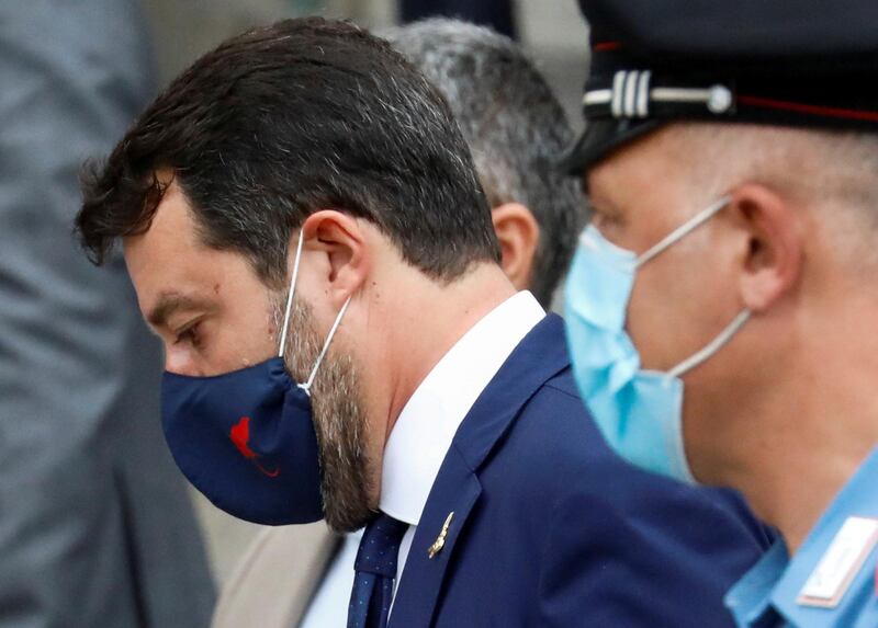 Far-right leader Matteo Salvini, who is accused of illegally blocking more than 100 people aboard a coastguard ship in 2019, is seen outside the court in Catania, Italy, October 3, 2020. REUTERS/Antonio Parrinello     TPX IMAGES OF THE DAY