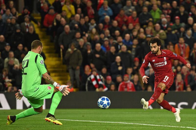 Mohamed Salah sees his shot saved by Red Star Belgrade's Milan Borjan. AFP