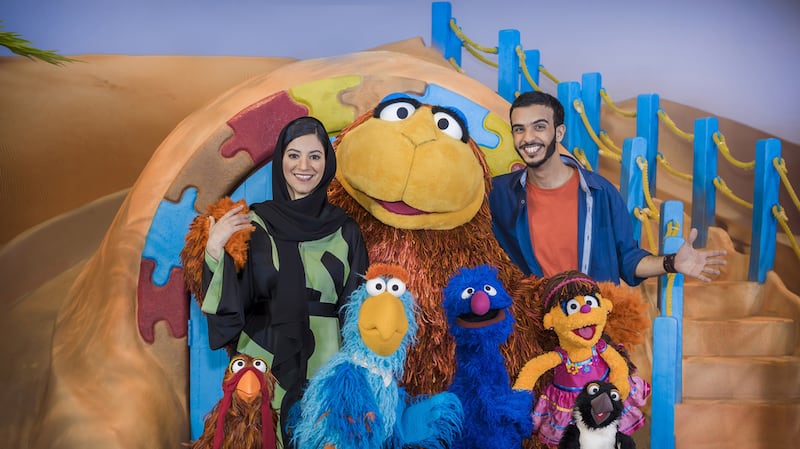 The new cast of Iftah Ya Simsim, UAE national Asma Alshamsi and Abdullah Kassem from KSA. Courtesy Bidaya Media 