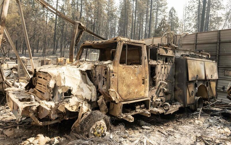 A burned firetruck is left inside the charred remains of Butte County Fire Station 61 during the Bear fire, part of the larger North Lightning Complex fire, in the Berry Creek area of unincorporated Butte county, California. AFP