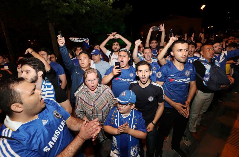 Chelsea fans cheer as the Chelsea squad arrive in Baku ahead of the Europa League final. Reuters