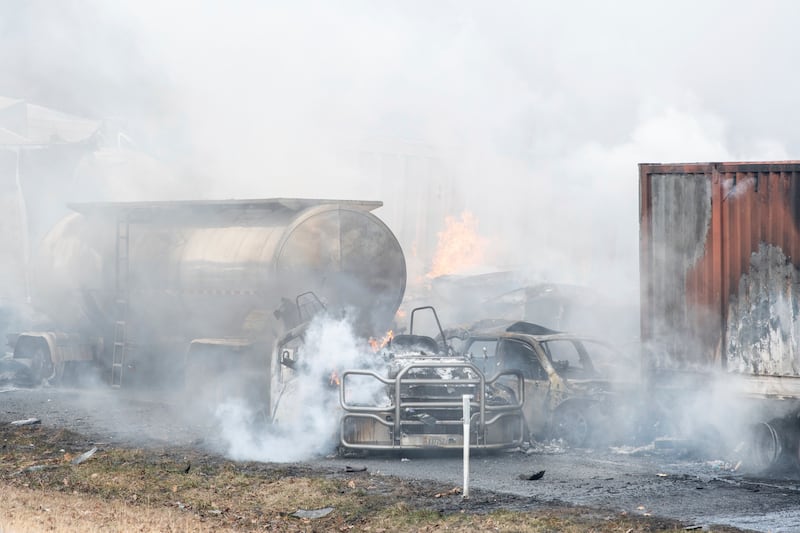 Many cars and tanker lorries were involved in the crash. Republican-Herald / AP