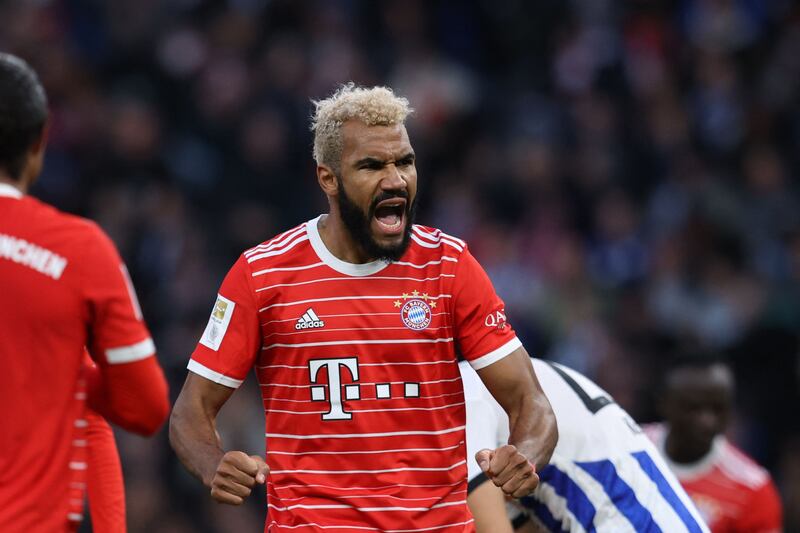 Bayern Munich's Cameroonian forward Eric Maxim Choupo-Moting celebrates scoring his team's second goal (0-2) during the German first division Bundesliga football match between Hertha Berlin and FC Bayern Munich in Berlin on November 5, 2022.  (Photo by Ronny HARTMANN  /  AFP)  /  DFL REGULATIONS PROHIBIT ANY USE OF PHOTOGRAPHS AS IMAGE SEQUENCES AND / OR QUASI-VIDEO