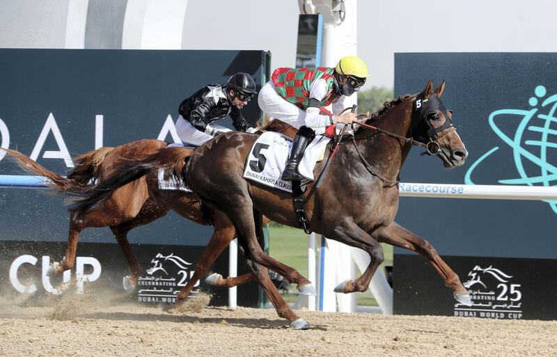 DUBAI , UNITED ARAB EMIRATES , MARCH 27  – 2021 :- DERYAN  (FR) ridden by Loritz Mendizabal ( no 5 ) won the 1st horse race  Dubai Kahayla Classic 2000m dirt  during the Dubai World Cup held at Meydan Racecourse in Dubai. ( Pawan Singh / The National ) For News/Sports/Instagram/Big Picture. Story by Amith