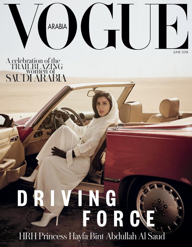 HRH Princess Hayfa bint Abdullah Al Saud shown behind the wheel on the cover of Vogue Arabia's June 2018 issue - the kingdom's ban on women driving will be overturned on June 24. Courtesy Vogue Arabia