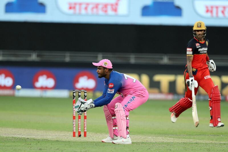 Sanju Samson of Rajasthan Royals during match 33 of season 13 of the Dream 11 Indian Premier League (IPL) between the Rajasthan Royals and the Royal Challengers Bangalore held at the Dubai International Cricket Stadium, Dubai in the United Arab Emirates on the 17th October 2020.  Photo by: Ron Gaunt  / Sportzpics for BCCI