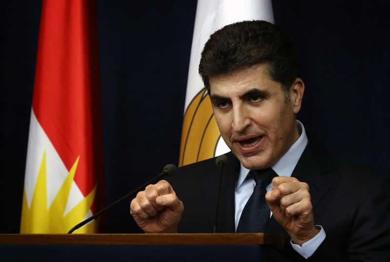 Nechirvan Barzani, prime minister of Iraq's Kurdistan Regional Government (KRG), speaks during a press conference in the northern Iraqi city of Arbil, the capital of the autonomous Kurdistan region, on November 13, 2017. / AFP PHOTO / SAFIN HAMED