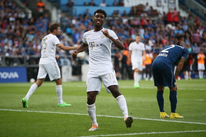 Kingsley Coman celebrates scoring Bayern Munich's third goal. Reuters