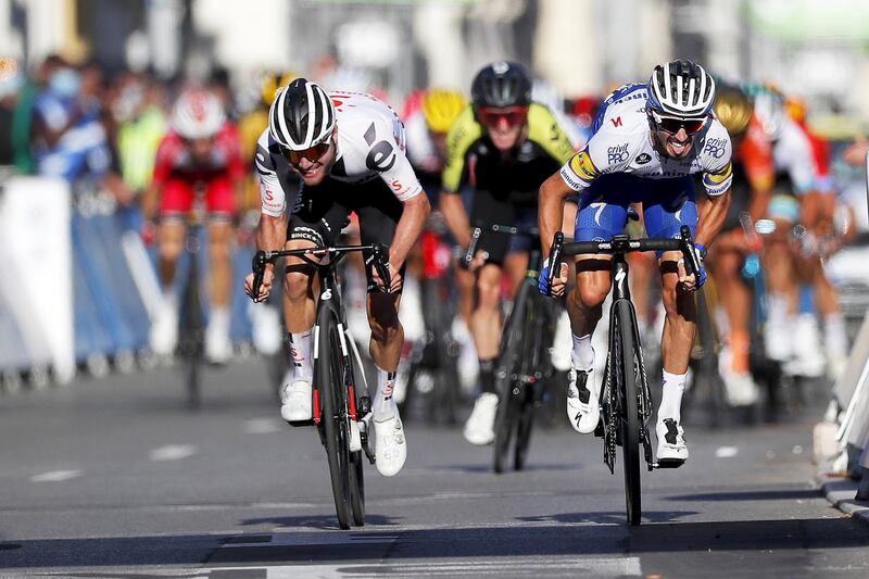 Julian Alaphilippe, right, on his way to victory ahead of second placed Swiss rider Marc Hirschi of Team Sunweb. EPA
