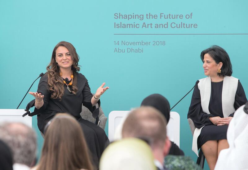 ABU DHABI, UNITED ARAB EMIRATES - Mina Al Oraibi, Editor in Chief of The National, UAE and HE Shaikha Mai Bint Mohammed Al Khalifa, Director General, Bahrain Authority for Culture, Bahrain at the Al Burda Festival, Shaping the Future of Islamic Art and Culture at Warehouse 421, Abu Dhabi.  Leslie Pableo for The National for Melissa Gronlund’s story