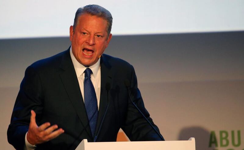 Former US Vice President and Climate Reality Project Chairman, Al Gore gives a speech during Abu Dhabi Ascent event, a ministerial meeting to prepare for a September 23 climate change summit in New York on May 4, 2014 in Abu Dhabi. Ban Ki-moon urged ‘bold’ actions by countries around the world to reduce greenhouse emissions and fight global warming. AFP Photo / Marwan Naamani
