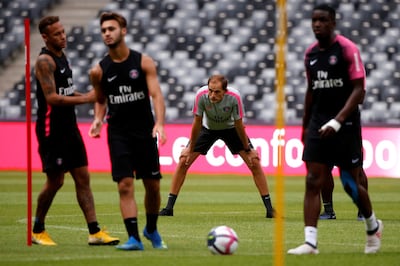 Paris Saint-Germain head coach Thomas Tuchel attends a training session, one day before the French Super Cup or Trophee des Champions against AS Monaco, in Shenzhen, China August 3, 2018. REUTERS/Bobby Yip