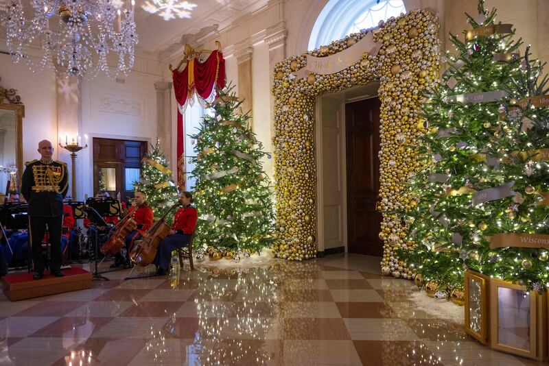 Members of the US Marine Band play holiday music in the Grand Foyer.  AFP