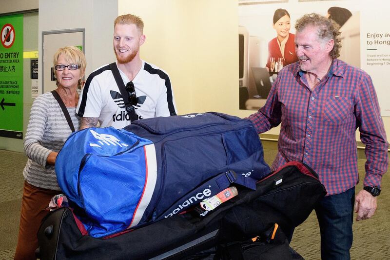 CHRISTCHURCH, NEW ZEALAND - NOVEMBER 29:  English cricketer Ben Stokes (C) is welcomed by his parents Gerard Stokes (R) and Deborah Stokes as he arrives at Christchurch Airport on November 29, 2017 in Christchurch, New Zealand. Stokes flew in from the UK in preparation for the upcoming Ashes series in Australia.  (Photo by Kai Schwoerer/Getty Images)