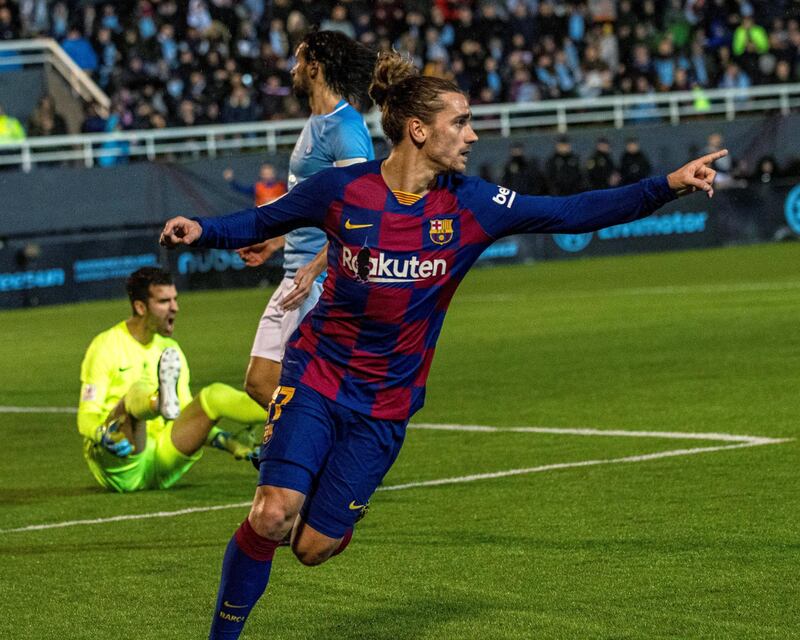 epa08152260 FC Barcelona's French striker Antoine Griezmann celebrates after scoring the 1-2 during the King's Cup round of 32 soccer match between UD Ibiza and FC Barcelona at Can Misses stadium in Ibiza, Balearic Islands, Spain, 22 January 2020.  EPA/CATI CLADERA