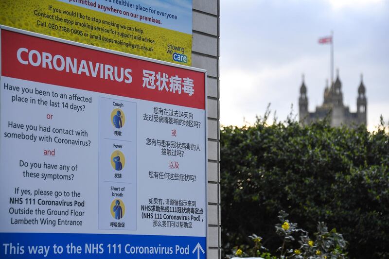 A sign indicating a Coronavirus Pod is seen outside the St Thomas' Hospital, in London, Friday, March 6, 2020. Fearing a possible shortage in protective equipment, health ministers from the European Union are holding an emergency meeting to try to improve their collective response to the novel coronavirus outbreak. (AP Photo/Alberto Pezzali)