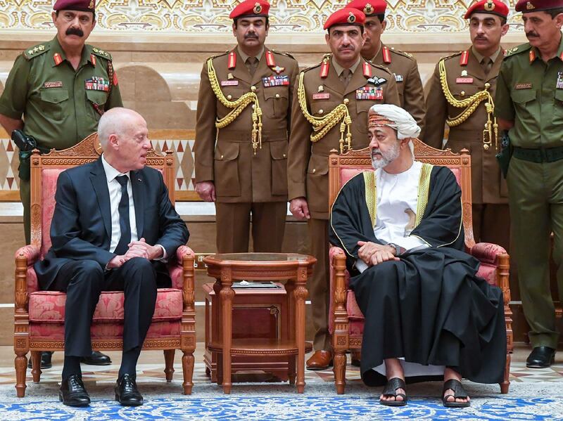 Tunisian President Kais Saied meets with Oman's Sultan Haitham bin Tariq in the Omani capital Muscat. AFP