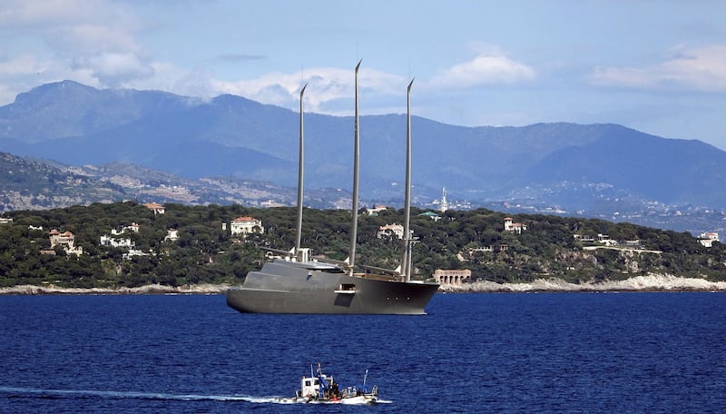 The 142.81m sail-assisted motor yacht 'Sailing Yacht A', owned by Russian tycoon Andrey Melnichenko, in front of Monaco harbour. Reuters