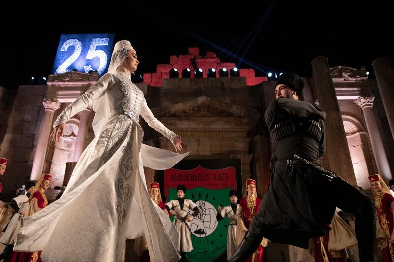 Circassian dancers from Al-Jeel Al-Jadeed Club (the New Generation Club) perform during the 2019 Jerash Festival of Culture and Arts at the Jerash archeological site, Jerash, some 46 km North of Amman, Jordan.  EPA