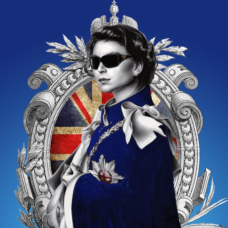 Queen Elizabeth depicted in designer sunglasses as she stands in her regal Order of the Garter robesm created by ballpoint artist James Mylnes.