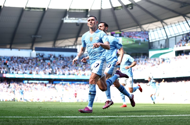 Phil Foden of Manchester City celebrates scoring his team's second goal. Getty Images