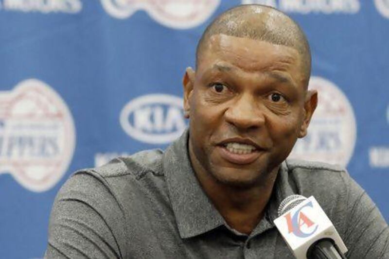 Former Boston Celtics head coach Doc Rivers talks at a press conference for the Los Angeles Clippers